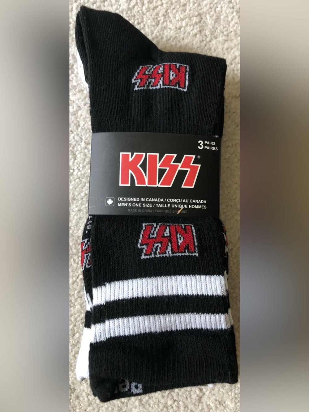 Kiss Black Crew Socks with Red & White Logo – 3 Pack